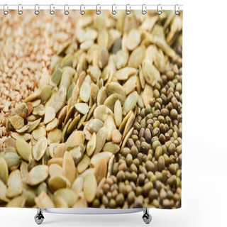 Personality  Close Up View Of Raw Pumpkin Seeds Near Maash And Green Buckwheat Shower Curtains