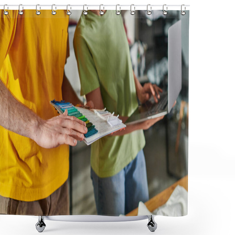 Personality  Cropped View Of Young Craftsman Holding Cloth Swatches While Working With Blurred African American Colleague Using Laptop And Standing In Print Studio, Small Business Concept Shower Curtains