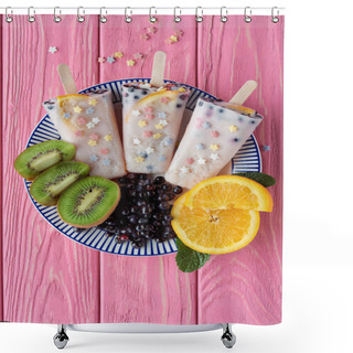 Personality  Top View Of Sweet Homemade Ice Cream With Fresh Fruits And Berries On Plate On Pink Wooden Table   Shower Curtains