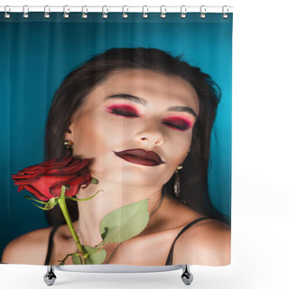 Personality  Young Woman With Dark Makeup With Closed Eyes Near Red Rose On Blue Shower Curtains