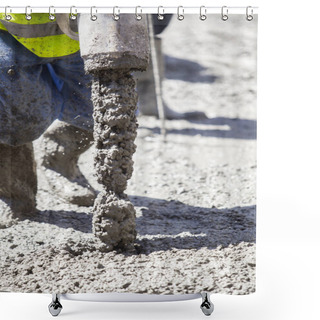 Personality  Worker Filling The Foundation Slab Of A Building Under Construction With A Pipe From Which Cement Comes Out Shower Curtains