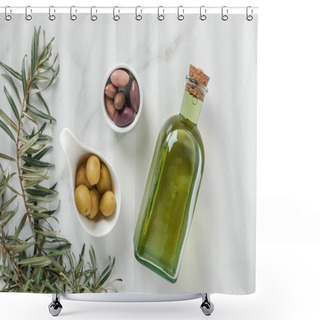 Personality  Top View Of Olive Oil And Yummy Olives In Bowls On Marble Surface Shower Curtains