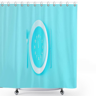 Personality  Clock In Dinner Plate With Fork And Knife On Pastel Blue Background. Time To Eat, Breakfast, Lunch Time And Dinner Concept 3d Render 3d Illustration Shower Curtains