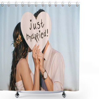 Personality  Young Wedding Couple Kissing And Holding Heart With Just Married Inscription  Shower Curtains