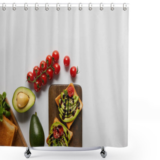Personality  Top View Of Toasts On Wooden Cutting Boards With Avocados And Cherry Tomatoes  On Grey Backgroud Shower Curtains
