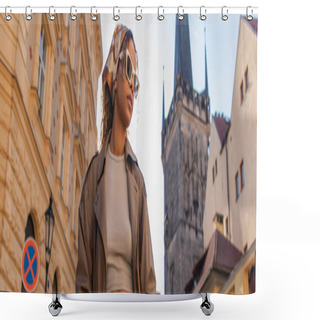Personality  Stylish African American Woman Posing Near Old Town Hall Tower In Prague, Banner Shower Curtains