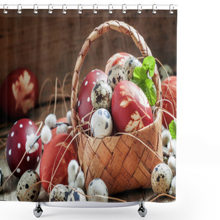 Personality  Painted Eggs And Speckled Quail Eggs In A Wicker Basket  Shower Curtains