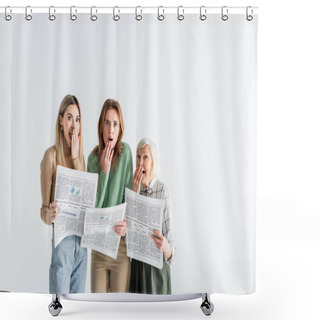 Personality  Three Generation Of Shocked Women Holding Newspapers Isolated On White Shower Curtains
