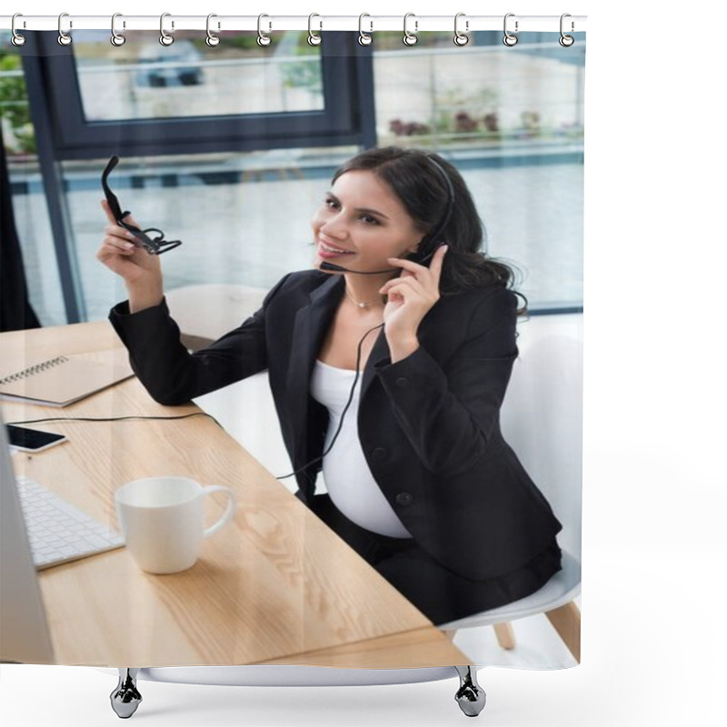 Personality  Pregnant Businesswoman With Call Center Headset Shower Curtains