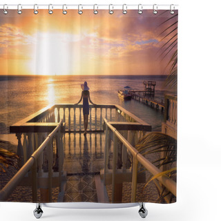 Personality  A Woman In A Hat Looking At The Romantic Caribbean Sunset While Shower Curtains