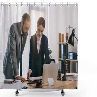 Personality  Lawyers In Suits Working Together On Project At Workplace With Gavel And Laptop In Office Shower Curtains
