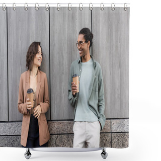 Personality  Happy Interracial Man And Woman With Paper Cups Looking At Each Other Near Grey Wall Shower Curtains