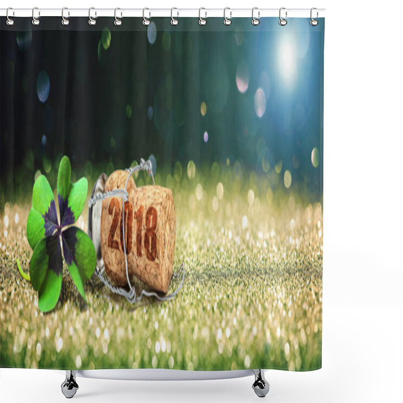 Personality  Greeting card with four leaf clover and champagne cork shower curtains