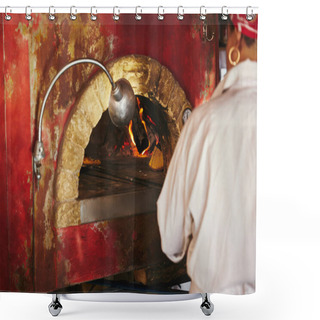Personality  Cropped Shot Of Chef Taking Pizza From Brick Oven At Restaurant Kitchen Shower Curtains