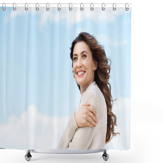 Personality  Side View Of Smiling Beautiful Woman With Blue Cloudy Sky On Background Shower Curtains