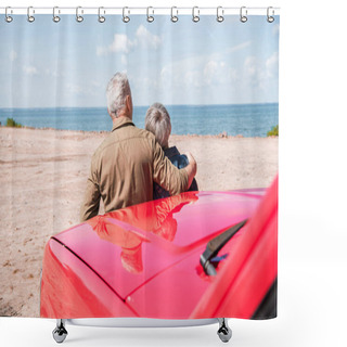 Personality  Back View Of Senior Couple Standing Near Red Car At Beach And Embracing In Sunny Day Shower Curtains