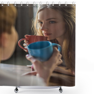 Personality  Close-up Shot Of Young Women Drinking Coffee Together Shower Curtains