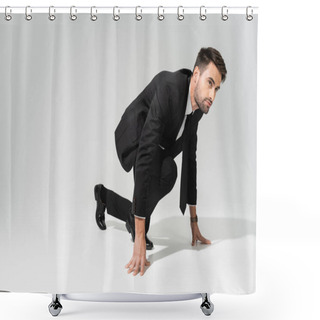 Personality  Full Length Of Young Bearded Businessman In Stylish Formal Wear Standing In Low Start Position On Grey Background Shower Curtains
