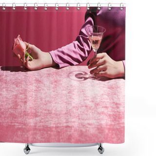 Personality  Cropped View Of Woman Holding Rose And Glass Of Rose Wine On Velour Cloth Isolated On Pink, Girlish Concept  Shower Curtains