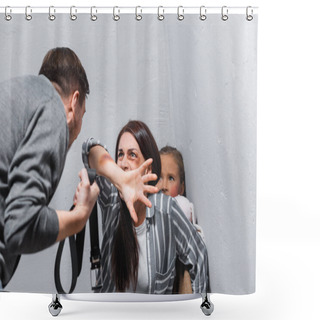 Personality  Woman With Bruises On Face Hiding Daughter Near Husband Holding Waist Belt On Blurred Foreground  Shower Curtains