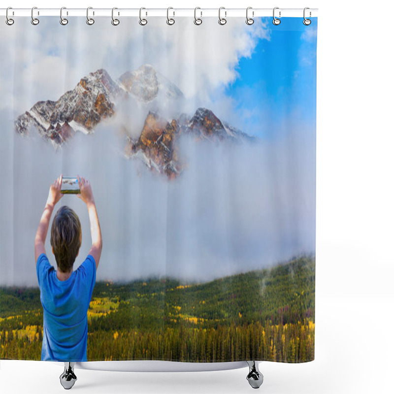 Personality  Boy Photographs Landscape With Smartphone. Rocky Mountains, Canada. Pyramid Mountain Glistens In The Sun Over Morning Fog. The Concept Of Ecological And Photo Tourism Shower Curtains