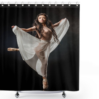 Personality  Elegant Female Ballet Dancer In White Skirt Dancing On Dark Background Shower Curtains