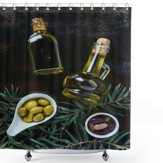 Personality  Top View Of Two Bottles Of Homemade Olive Oil And Olives On Shabby Surface Shower Curtains