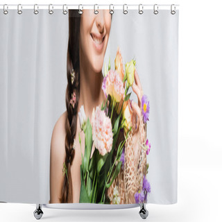 Personality  Cropped View Of Happy Beautiful Woman With Braid In Mesh With Spring Wildflowers Isolated On Grey Shower Curtains
