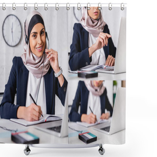 Personality  Collage Of Arabian Interpreter In Headset Pointing With Finger And Writing In Notebook Near Digital Translator With Uae Flag Emblem Shower Curtains