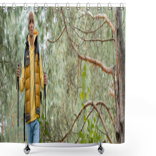 Personality  Tourist In Warm Vest And Beanie Walking With Trekking Poles In Forest, Banner Shower Curtains