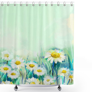 Personality  Oil Painting Daisy Flowers In Field. Hand Paint White Flowers Gerbera Daisy In Soft Color On Green - Blue Color Background Shower Curtains
