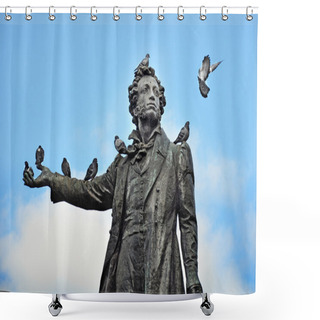 Personality  Monument To The Poet Pushkin With Pigeons Shower Curtains