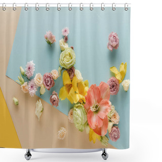 Personality  Top View Of Spring Flowers On Beige, Blue And Yellow Background Shower Curtains