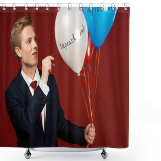 Personality  Emotional Man Bursting Balloons With Impeachment Lettering On Red Background Shower Curtains
