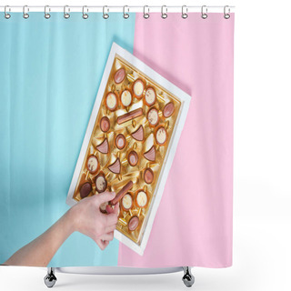 Personality  Girl Takes A Chocolate Candy From A Box Of Chocolates With A Golden Tray On Blue Pink Pastel Background. Top View, Minimalis Shower Curtains