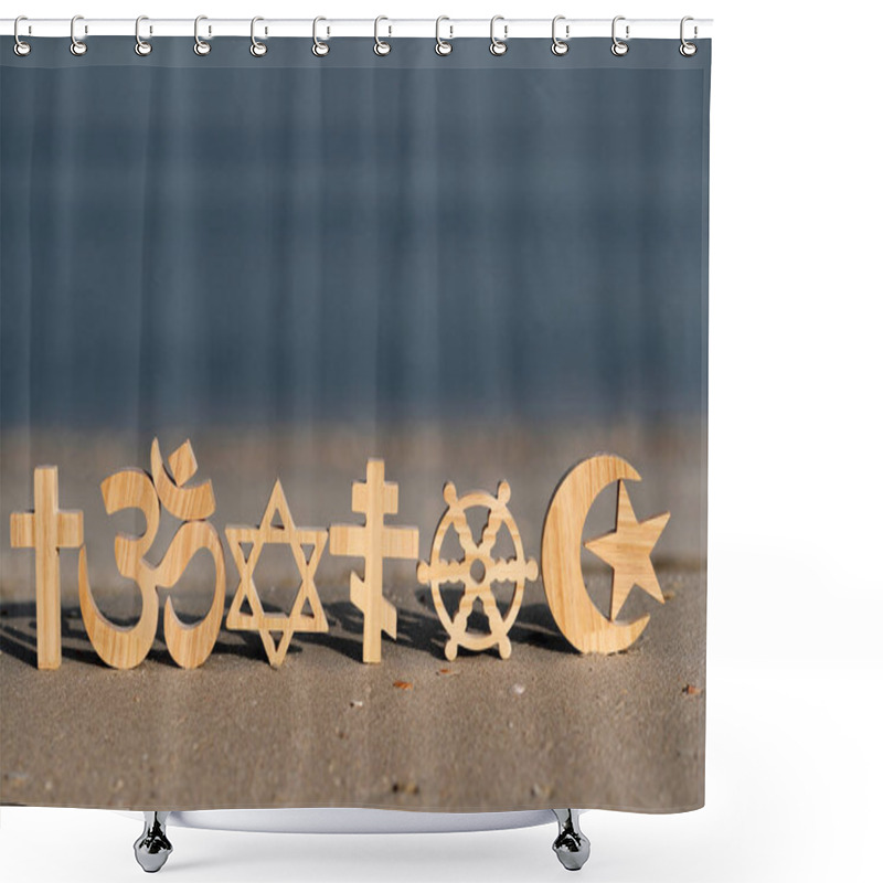 Personality  Religious Symbols On Sand. Christianity, Islam, Judaism, Orthodoxy Buddhism And Hinduism. Interreligious Or Interfaith Concept Shower Curtains