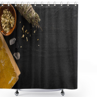 Personality  Top View Of Smudge Sticks, Dry Flowers In Bowl And Book On Black Wooden Surface Shower Curtains