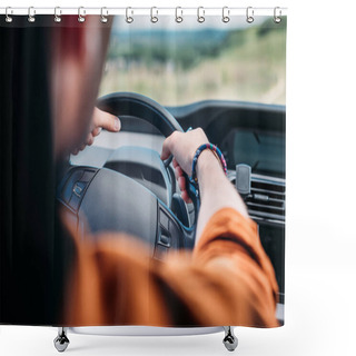 Personality  Cropped Image Of Man Sitting Behind His Car Wheel  Shower Curtains