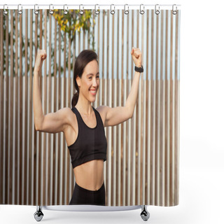 Personality  Positive Millennial European Woman Athlete Champion Show Muscles Biceps On Hands, Celebrating Victory In Competition In City, Outdoor. Fitness And Strength Training, Body Care Shower Curtains