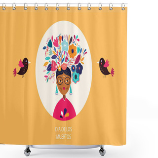 Personality  Beautiful Vector Illustration With Design For Mexican Holiday Dia De Los Muertros. Vector Template With Mexican Woman Shower Curtains