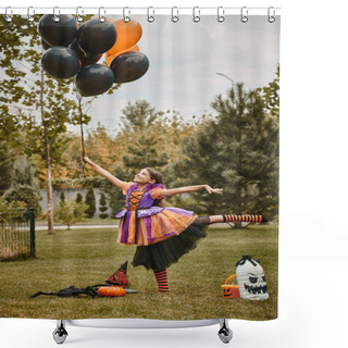 Personality  Cheerful Girl In Halloween Attire Holding Balloons Near Pumpkin, Witch Hat And Candy Bucket On Grass Shower Curtains