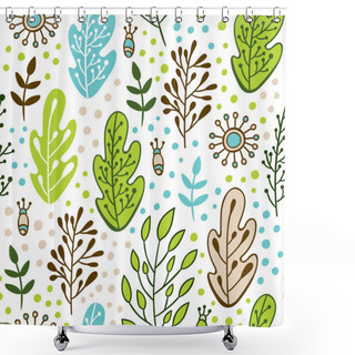 Personality  Forest Leaves Seamless Vector Pattern. Botanic Texture With Hand Drawn Elements In Doodle Style. Spring Or Summer Nature Background In Colors Of Blue, Green, Beige And White Shower Curtains