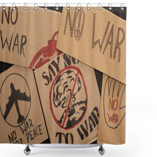 Personality  Top View Of Cardboard Placards With No War Lettering And Drawings On Black Background Shower Curtains