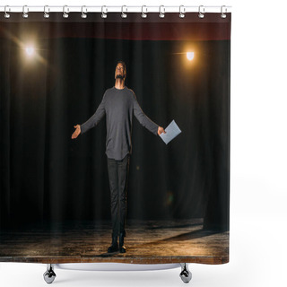 Personality  African American Actor Holding Scenario And Standing On Stage During Rehearse  Shower Curtains