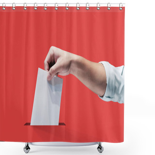 Personality  Hand Holding Ballot Paper For Election Vote Concept At Place Election Background. Shower Curtains