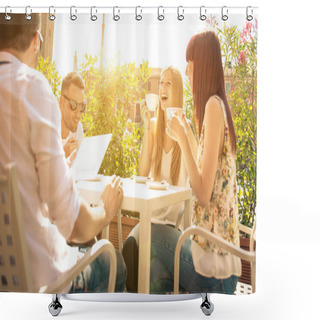 Personality  Group Of Friends Having A Coffee Outdoor Shower Curtains