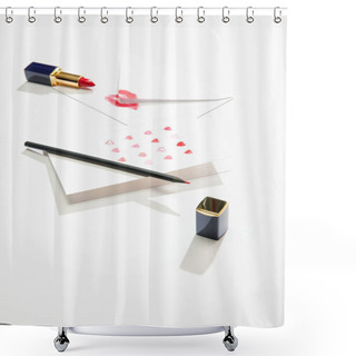 Personality  Greeting Card With Hearts Near Envelope With Lip Print, Lipstick And Pencil On White Background Shower Curtains