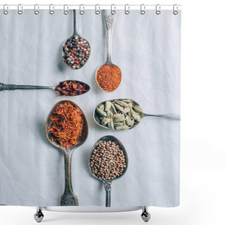 Personality  Top View Of Indian Spices In Spoons On White Table Shower Curtains