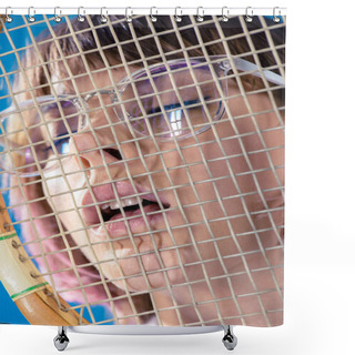 Personality  Portrait Through Tennis Racket Of Sexy Woman With Closed Eyes And Open Mouth Shower Curtains