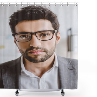 Personality  Portrait Of Handsome Businessman With Bristle In Glasses Looking At Camera In Office  Shower Curtains